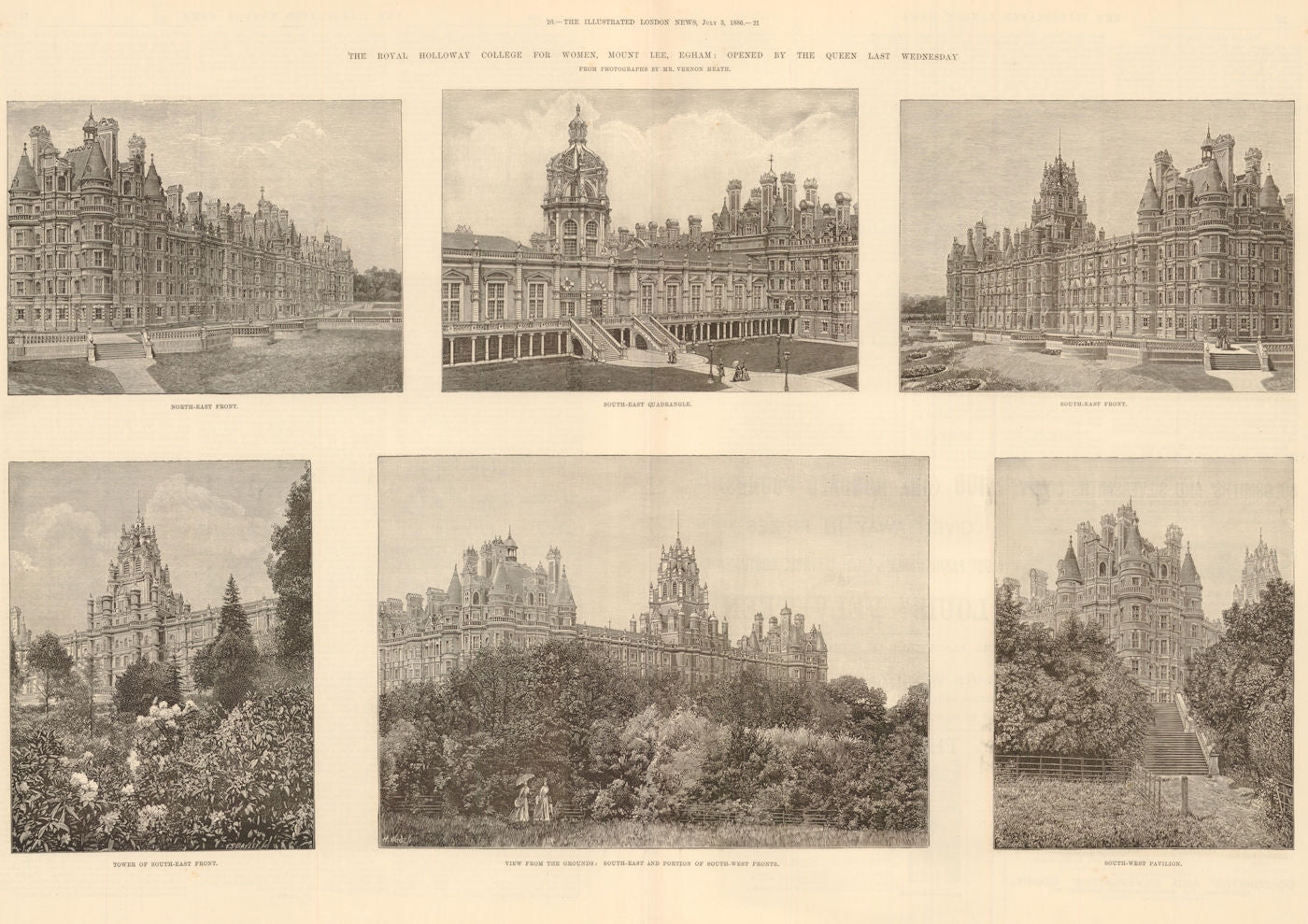 The Royal Holloway College for Women, Mount Lee, Egham. Surrey 1886 old print